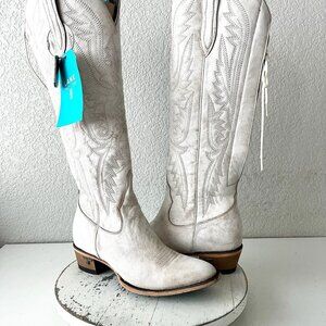 Lane MONICA Knee High Cowboy Boots White Western Cowgirl Lace Up Tall Size 8.5